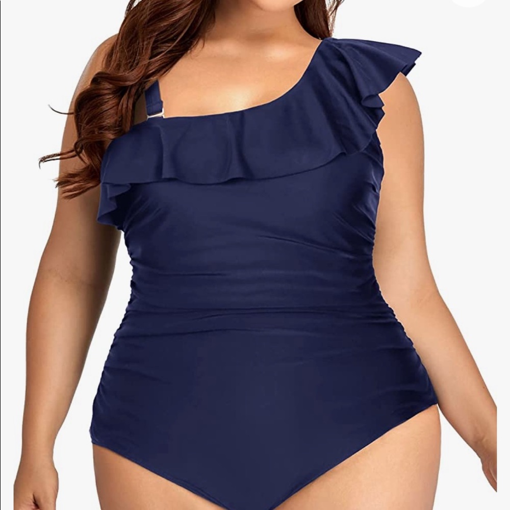 Aqua Eve Women One Piece Swimsuits One Shoulder Ruffle Tummy Control Swimwear